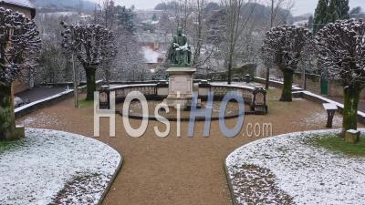 Aerial View Of The City Of Arbois Under The Snow Filmed By Drone