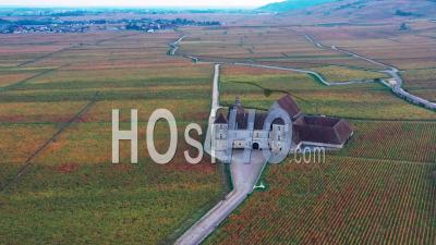 Aerial View The Vougeot Vineyard In Burgundy In Autumn Filmed By Drone
