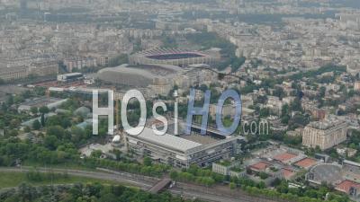 Roland Garros Tennis Court, Parc Des Princes Stadium In The Mist Of Dawn, Filmed From Helicopter