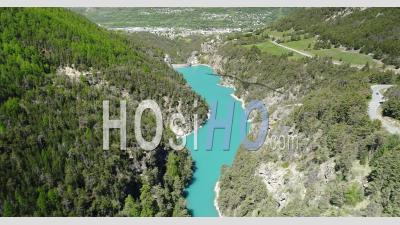 Pont-Baldy Lake And Hydroelectric Dam In Briançon, Hautes-Alpes, France, Viewed From Drone