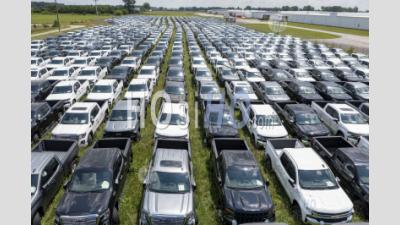 Shortage Of Semiconductor Chips Leaves Trucks Unfinished - Aerial Photography