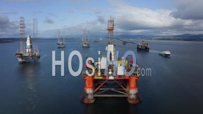 Oil Rigs And Drilling Platforms In Cromarty Firth, Scotland, Uk - Video Drone Footage
