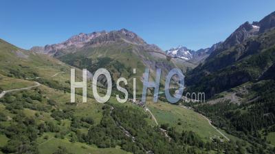 Mountain, Pastures, Village And Forest Near Villar D'arêne, At The Foot Of The Meije Mountain Range, Hautes-Alpes, France, Viewed From Drone