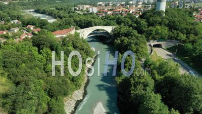 Vaulted Arch Bridge Of Lesdiguieres Near Grenoble, One Of The Seven Wonders Of Dauphine, France, Drone Point Of View