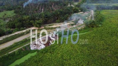 Open Burning Near Green Bush - Video Drone Footage
