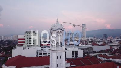 Aerial View Wisma Kastam (malayan Railway Building) Topped With Clock Tower - Video Drone Footage