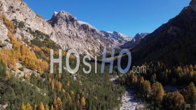 Val D'escreins Nature Reserve In Autumn, Hautes-Alpes, France, Viewed From Drone