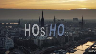 Establishing Aerial View Shot Of Hamburg De, Mecklenburg-Western Pomerania, Germany, Stunning Morning - Video Drone Footage