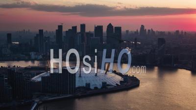 O2, Canary Wharf, East Side Of The City, Establishing Aerial View Shot Of London Uk, United Kingdom - Video Drone Footage