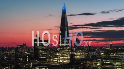Dark Sunset, Establishing Aerial View Shot Of London Uk, United Kingdom - Video Drone Footage