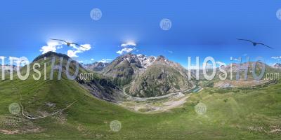 360 Vr, The Meije Mountain Range And The Crevasses Trail In The Ecrins National Park, Hautes-Alpes, France, Aerial Equirectangular Photo By Drone