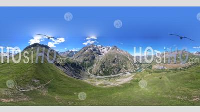 360 Vr, The Meije Mountain Range And The Crevasses Trail In The Ecrins National Park, Hautes-Alpes, France, Aerial Equirectangular Photo By Drone
