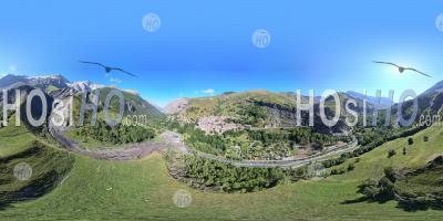 360 Vr, The Village Of La Grave And The Mountain Range Of La Meije (ecrins National Park), Hautes-Alpes, France, Aerial Equirectangular Photo By Drone