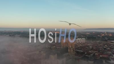 Toul Cathedral And The City Of Toul In The Morning Fog Sunrise - Video Drone Footage