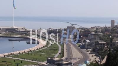 Panoramic View Of Baku. Neftyanikov Avenue (neftchilar) And The Flag Of Azerbaijan