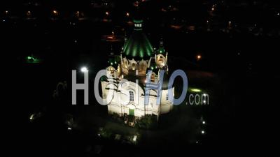 Night Top View Of The Alexander Nevsky Church. Nizhny Tagil. Russia - Video Drone Footage