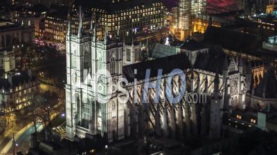 Westminster Abbey, Establishing Aerial View Shot Of London Uk, United Kingdom At Night Evening - Video Drone Footage