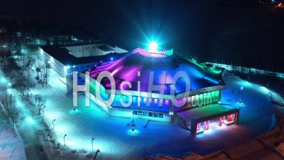 Circus Building With Night Multi-Colored Illumination, Tagil, Russia - Video Drone Footage