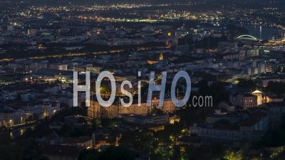 Night Evening, Flying Views From Fourviere Hill, Establishing Aerial View Shot Of Lyon Fr, Auvergne-Rhone-Alpes, France - Video Drone Footage