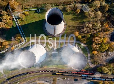 Aerial View Of Cooling Towers With Escaping Steam. - Aerial Photography
