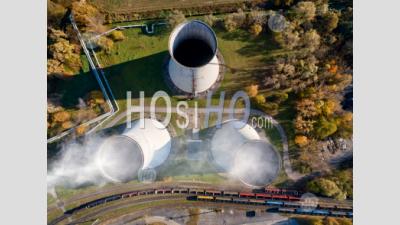 Aerial View Of Cooling Towers With Escaping Steam. - Aerial Photography
