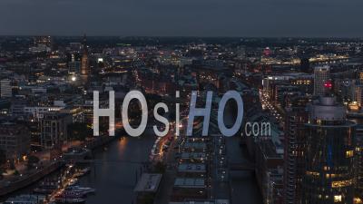 Night Evening At Hamburg, Establishing Aerial View Shot Of Hamburg De, Mecklenburg-Western Pomerania, Germany - Video Drone Footage