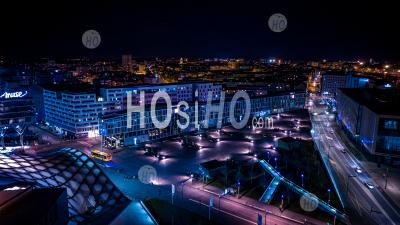 Aerial View Of The Centre Pompidou-Metz , Filmed By Drone In Winter, By Night, Metz (parvis Des Droits De L'homme), In France