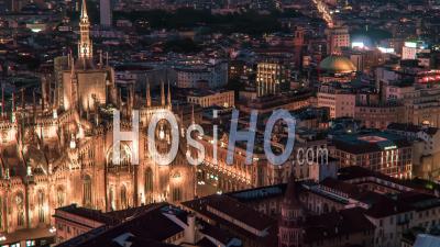 Milan Cathedral And City Center, At Dusk - Video Drone Footage