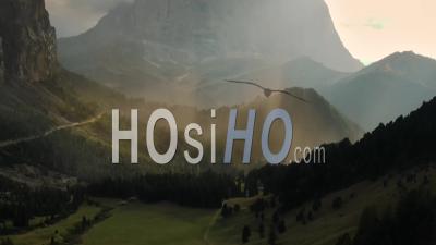Gardena Pass, Dolomites, At Sunset - Video Drone Footage