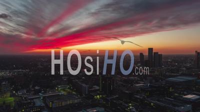 Incredible Sunset, Establishing Aerial View Shot Of Manchester Uk, City Skyline England United Kingdom - Video Drone Footage