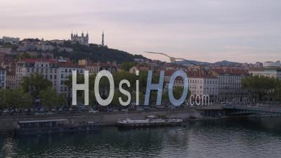 City Center Of Lyon, Between The 2nd And 3rd Arrondissement, Bridges Over The Rhone River, France - Video Drone Footage
