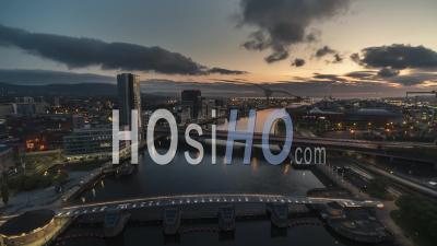 Establishing Aerial View Shot Of Belfast Uk, Northern Ireland, United Kingdom, Dusk Dawn - Video Drone Footage