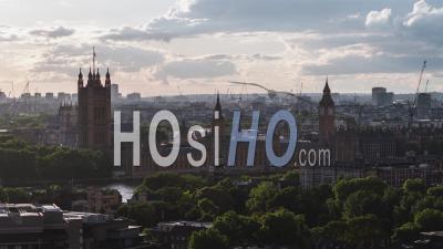 Establishing Aerial View Shot Of London Uk, United Kingdom, Palace Of Westminster, Parliament, Big Ben, Day - Video Drone Footage