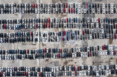 Ford Trucks Parked During Semiconductor Shortage - Aerial Photography