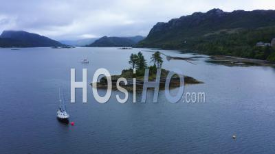 Aerial Drone View Of Beautiful Scottish Highlands Mountains Landscape, Scotland, Of Loch Carron, A Lake At Plockton Town On Nc500 (north Coast 500) Route In Uk