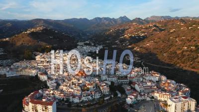 Aerial Drone View Of Spanish Town In Spain, Torrox, Costa Del Sol Mountains, Andalusia (andalucia), Europe, Traditional White Town Buildings And Houses Popular In Property Real Estate Housing Market