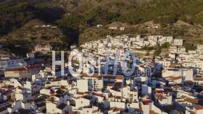 Aerial Drone View Of Spain, Spanish Town In Mountains, Costa Del Sol, Andalusia (andalucia), Europe, Traditional White Houses And Homes Popular In Property Real Estate Housing Market, Europe
