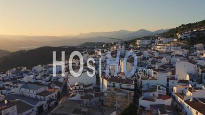 Aerial Drone View Of Spain, Spanish Town In Mountains At Sunset, Costa Del Sol, Andalusia (andalucia), Europe, Traditional White Houses And Homes Popular In Property Real Estate Housing Market, Europe