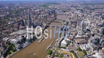 Shard And River Thames To City Of London And Liverpool Street Station Filmed By Helicopter
