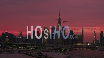 Downtown Dubai, Uae, At Dusk - Video Drone Footage