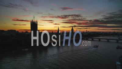 Westminster, British Parliament, Establishing Aerial View Shot Of London Uk, United Kingdom, Great Britain Marvelous Sunset - Video Drone Footage