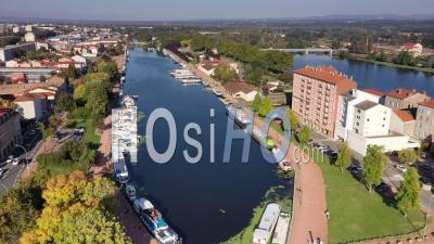 Marina On Canal Of Roanne To Digoin With The Loire River, Roanne, Loire Department, France - Drone Point Of View