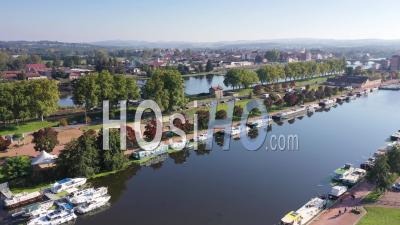 Marina On Canal Of Roanne To Digoin With The Loire River, Roanne, Loire Department, France - Drone Point Of View
