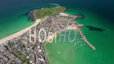Aerial View Of St. Ives, Traditional Cornish Fishing Village, Cornwall, England - Video Drone Footage