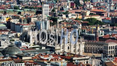 Aerial Zoomed Shot Of Amazing Religious Landmark, Largest Italian Church. Slide And Pan Footage Of Duomo Di Milano. Milano, Italy. - Video Drone Footage