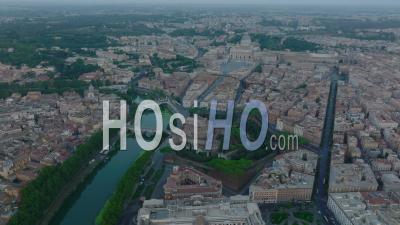 Panorama Of Borough With Historic Landmarks And Tourist Sights. Bridges Over Tiber River Near Castel Santangelo And St. Peters Square With Large Basilica. Rome, Italy - Video Drone Footage