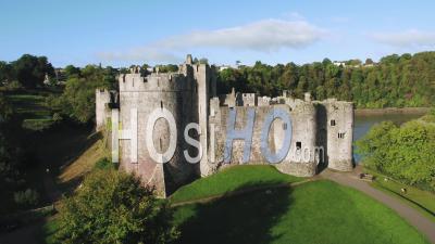 United Kingdom, Wales, Gwent, Chepstow Castle, River Wye - Video Drone Footage