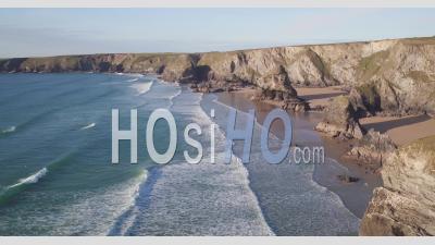 United Kingdom, Cornwall, Rugged Cornish Coastline And Rock Stacks At Bedruthan Steps - Video Drone Footage