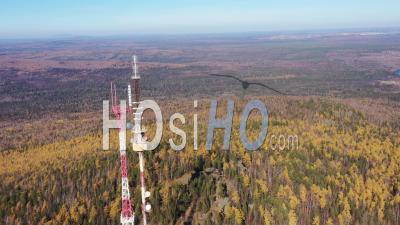 Radio Tower On Top Of Mountain In The Middle Of Forest. View From Above - Video Drone Footage