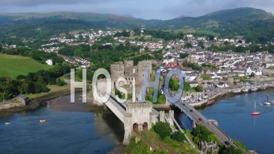 Aerial View Of Conway Castle, Gwynedd, North Wales, United Kingdom - Video Drone Footage